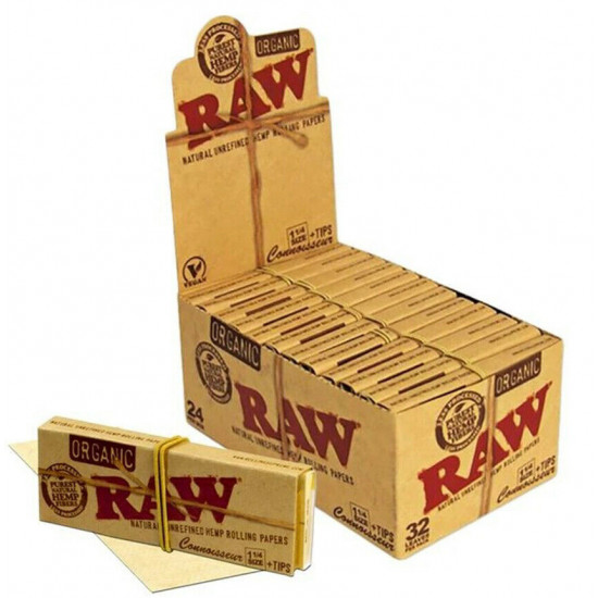 1x BOX RAW ORGANIC HEMP 1 1/4 UNREFINED ROLLING PAPERS + TIPS (24PCS)