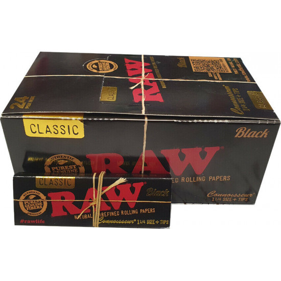 1x FULL BOX RAW Black Natural Hemp Unrefined Rolling Papers 1¼ + TIPS