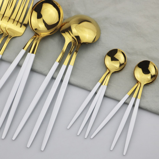 24pcs Gold Dinnerware Set 18/10 Stainless Steel Tableware Set Knife Fork Spoon Flatware Set Dishwasher Safe Cutlery Set Gift Box