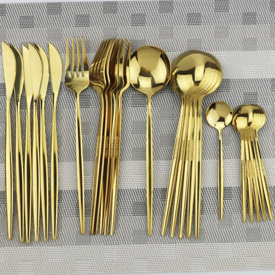 24pcs Gold Dinnerware Set 18/10 Stainless Steel Tableware Set Knife Fork Spoon Flatware Set Dishwasher Safe Cutlery Set Gift Box