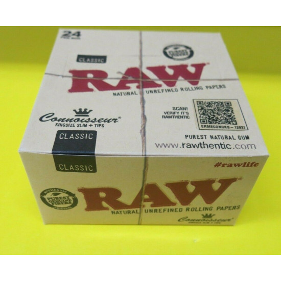 AUTHENTIC Raw Classic Connoisseur King Size Slim with Tips Rolling Paper 24 Box