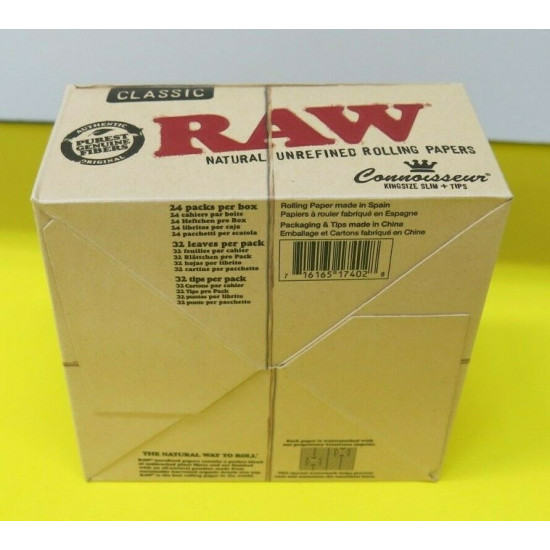 AUTHENTIC Raw Classic Connoisseur King Size Slim with Tips Rolling Paper 24 Box