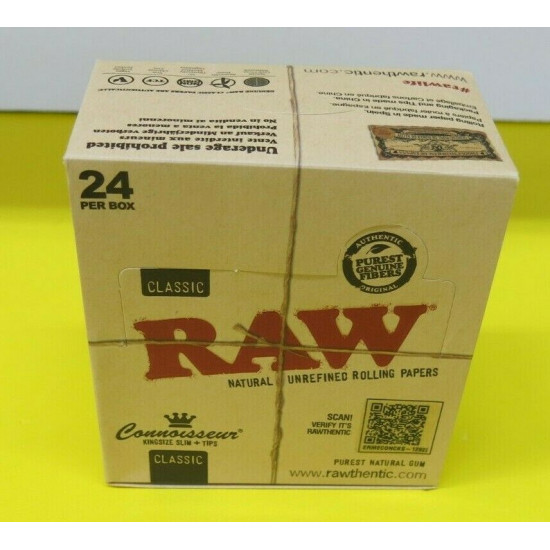 AUTHENTIC Raw Classic Connoisseur King Size Slim with Tips Rolling Paper 24 Box