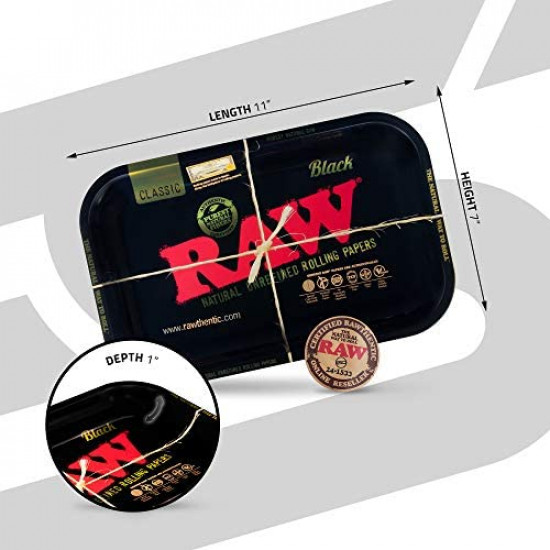 RAW Small Metal Rolling Tray | Classic Black Series Design | Size Small 11'' x 7'' x 1''