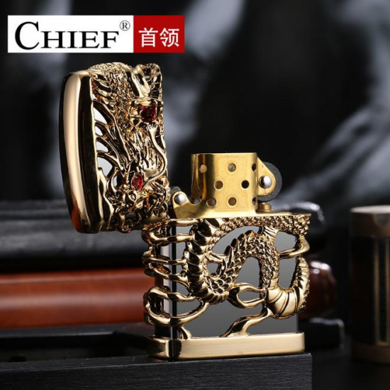 Chief New Dragon Carving Lighter Retro Metal Weel Kerosene Lighters Unique Gasoline LIghters Windproof Men Smoking Lighter