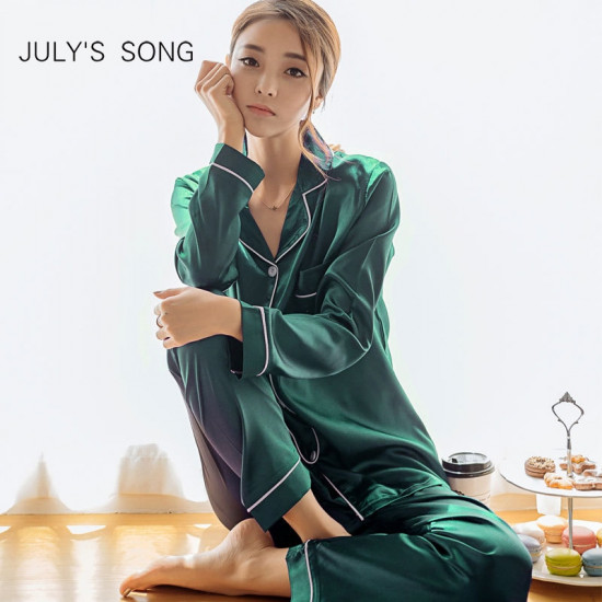 JULY'S SONG 2 Pieces Faux Silk Satin Pajamas Set Autumn Women Sleepwear Long Sleeve Nightgown for Female Ladies Pyjamas